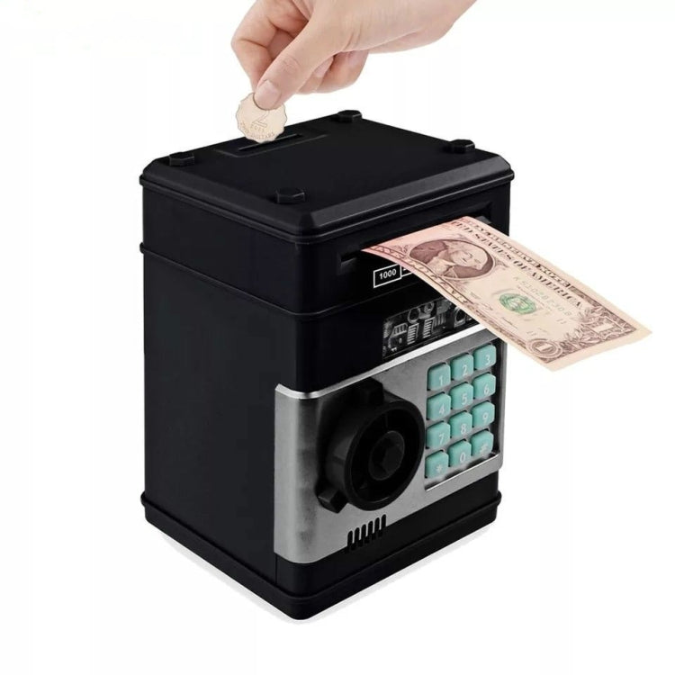 Black electronic piggy bank ATM with open top and banknote inserted