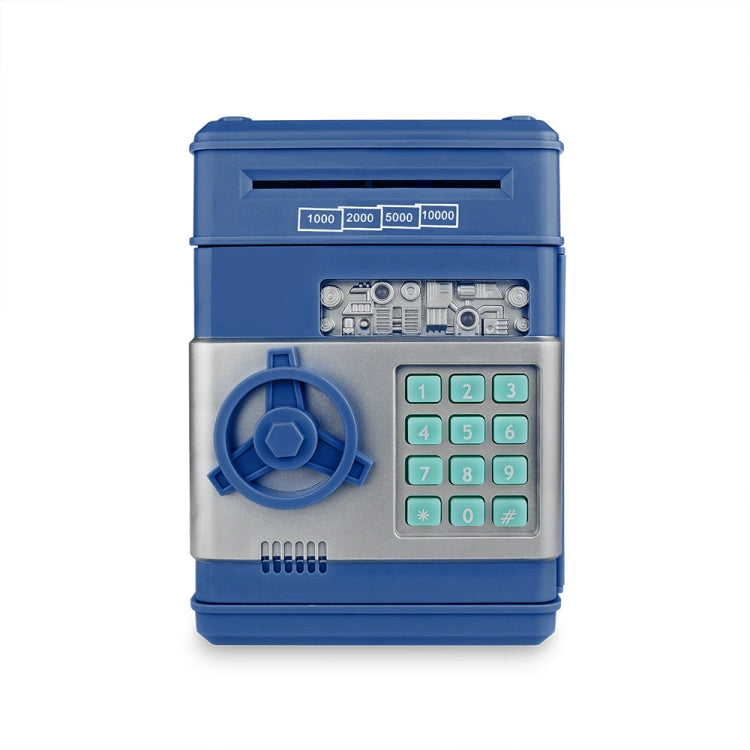 Blue electronic piggy bank ATM with keypad and coin slot