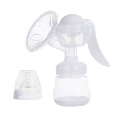 Manual breast pump with translucent white bottle and massage cushion, hand-operated