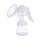 Manual breast pump with translucent white bottle, angled massage cushion, hand-operated