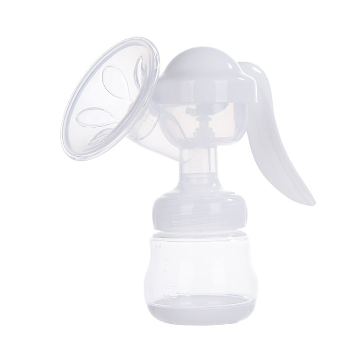 Manual breast pump with translucent white bottle, angled massage cushion, hand-operated