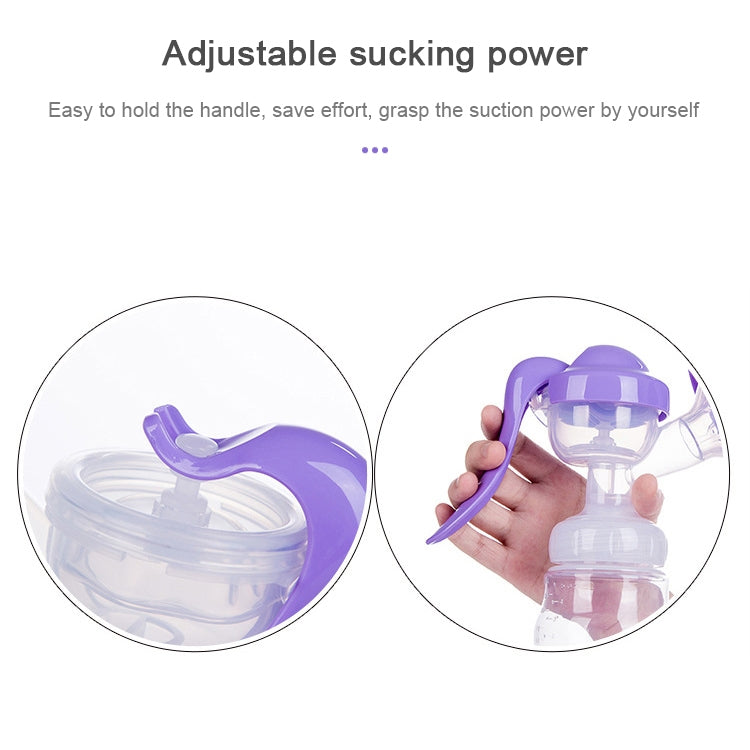 Purple adjustable manual breast pump with flanged suction funnel and bottle