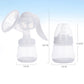 Manual breast pump with translucent white bottle and massage cushion, size shown