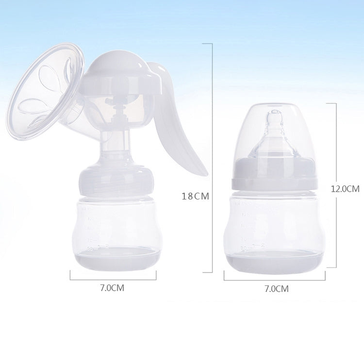 Manual breast pump with translucent white bottle and massage cushion, size shown
