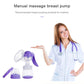 Manual breast pump with purple massage cushion, bottle and handle on white background