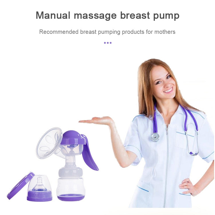 Manual breast pump with purple massage cushion, bottle and handle on white background