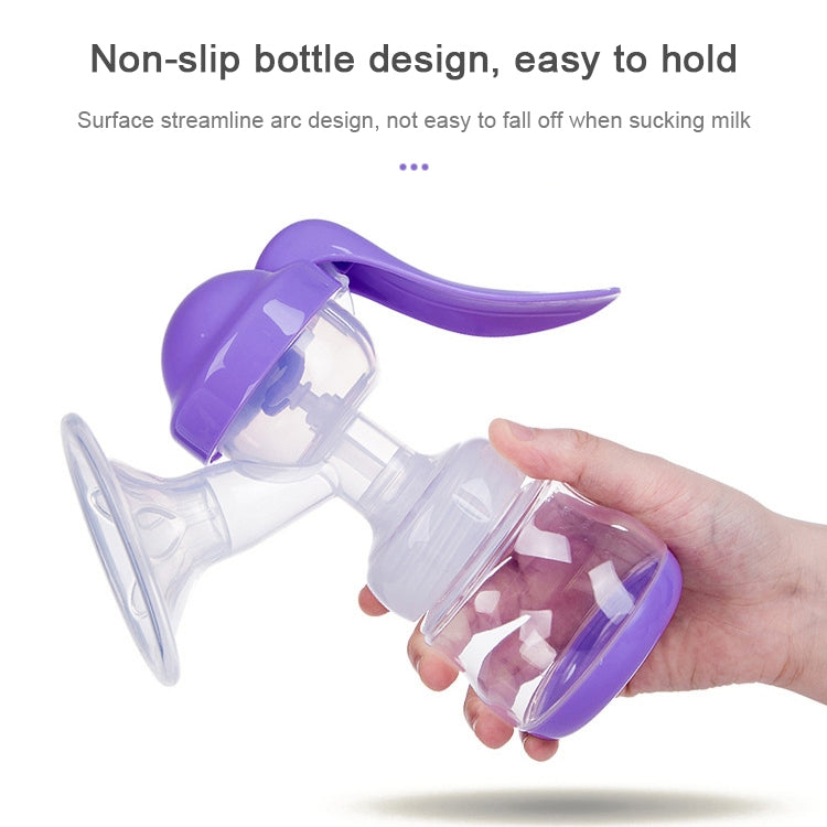 Manual breast pump bottle design with purple grip and valve, shown in hand