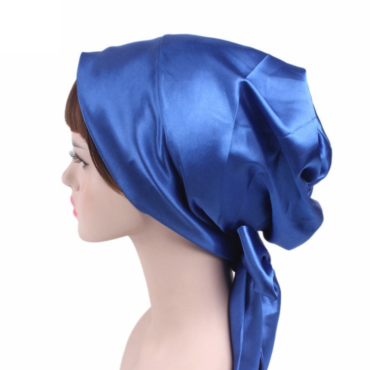 Royal blue satin turban hat with gathered crown and side bow tie