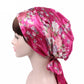 Fuchsia floral satin turban hat with side ribbon bow and gathered crown