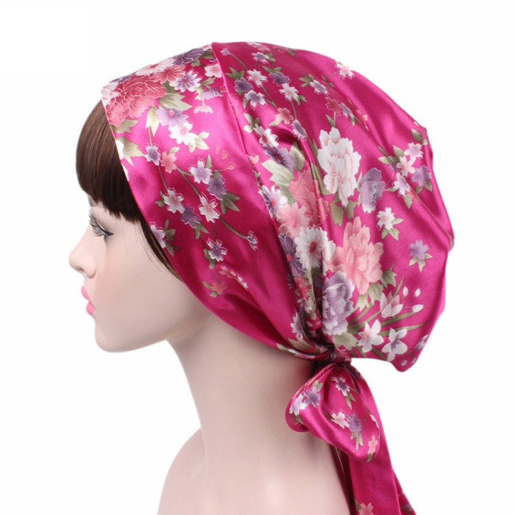 Fuchsia floral satin turban hat with side ribbon bow and gathered crown