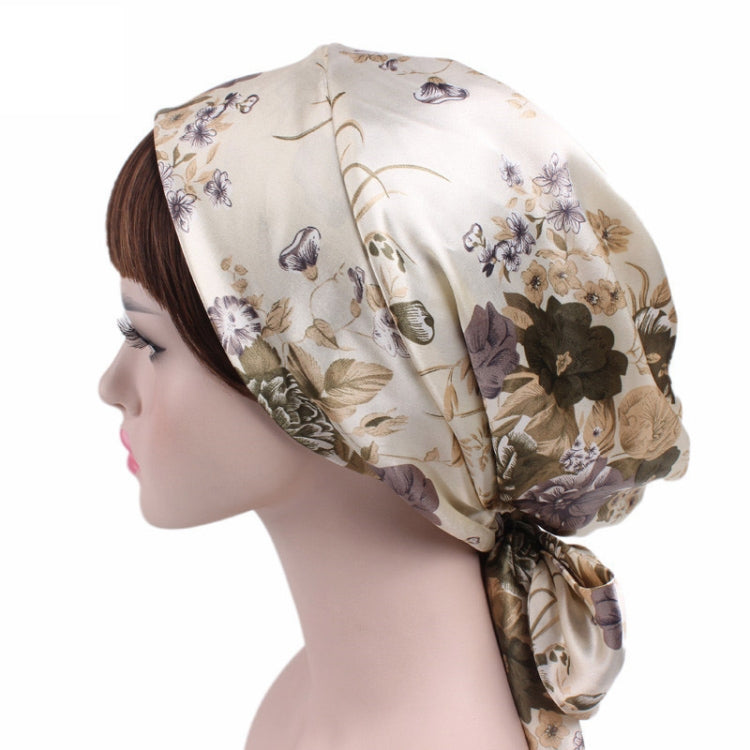 Beige floral satin turban hat with bird print and side tie knot