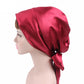 Red satin turban hat with side knot tie and gathered crown