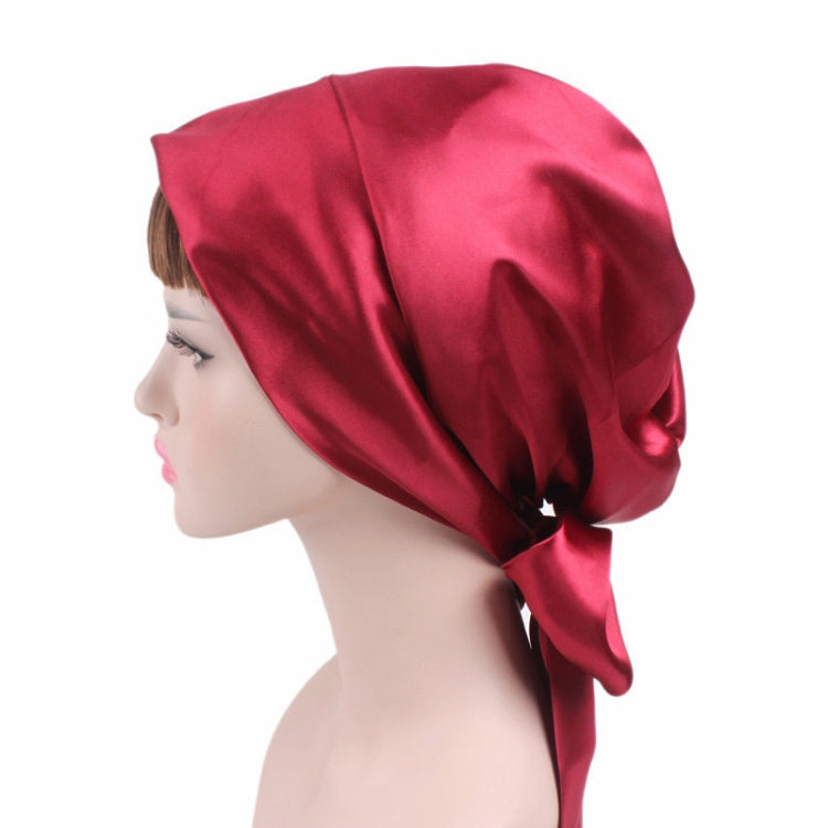 Red satin turban hat with side knot tie and gathered crown