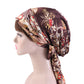 Satin print ribbon bow turban hat in brown with floral pattern and side tie