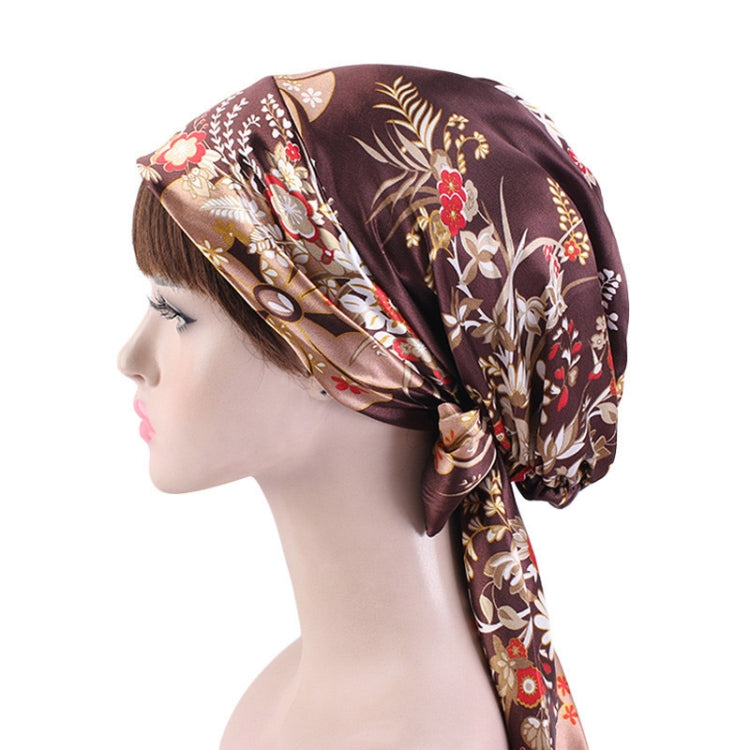 Satin print ribbon bow turban hat in brown with floral pattern and side tie