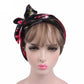 Satin ribbon bow turban hat in black with red and gold leaf print, side bow