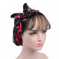 Satin ribbon bow turban hat in black with pink-red floral accents, front tie bow