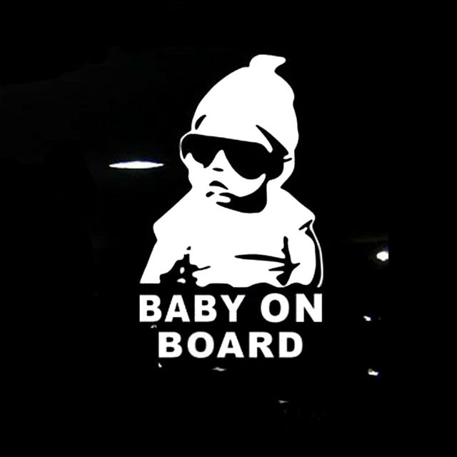 Reflective car window sticker: baby silhouette with sunglasses, “BABY ON BOARD” text