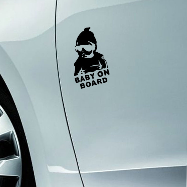 Reflective “BABY ON BOARD” decal on car door panel with baby-sunglasses icon