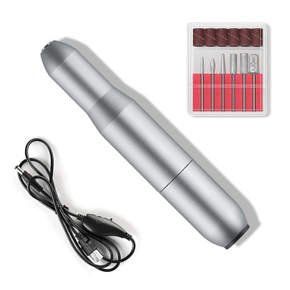 Silver gray portable electric nail polisher pen with cable and sanding head kit
