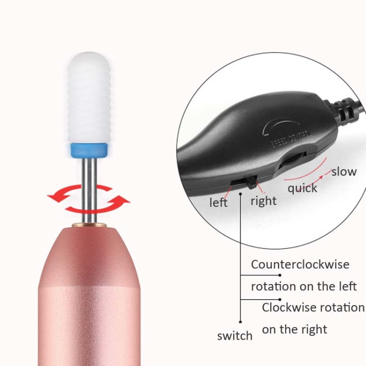 Rose gold nail polisher with white grinding bit and left/right rotation switch