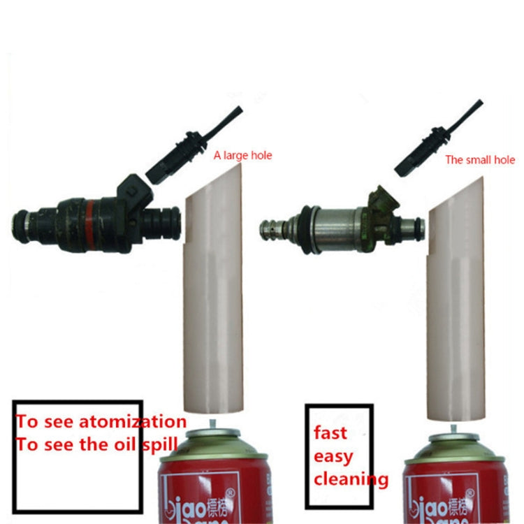 Fuel injector nozzle cleaning tool with two nozzle units and white mounting holders