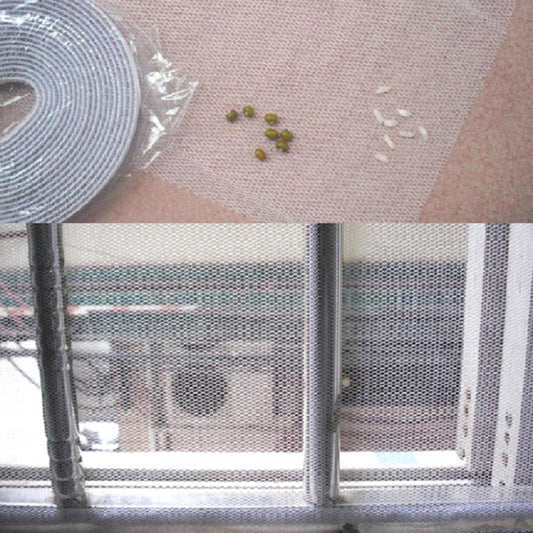 Close-up of gray mesh window screen roll and installed screen over frame