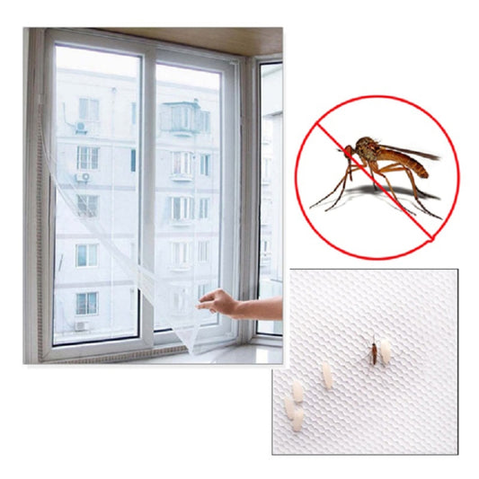 Self-adhesive fly mosquito mesh window screen, shown over window opening