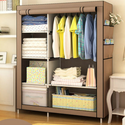 Coffee fabric storage wardrobe cabinet with hanging rod and multiple interior shelves
