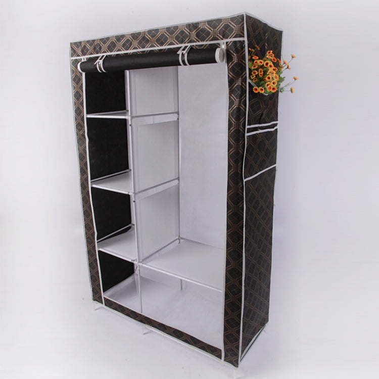 Brown patterned fabric closet with open shelves and hanging rod