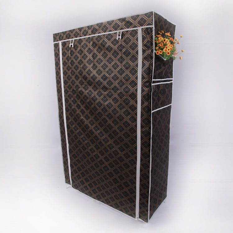 Brown patterned fabric closet cabinet with front door and vertical seams