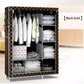 Black and gold patterned fabric wardrobe cabinet with hanging rail and shelves