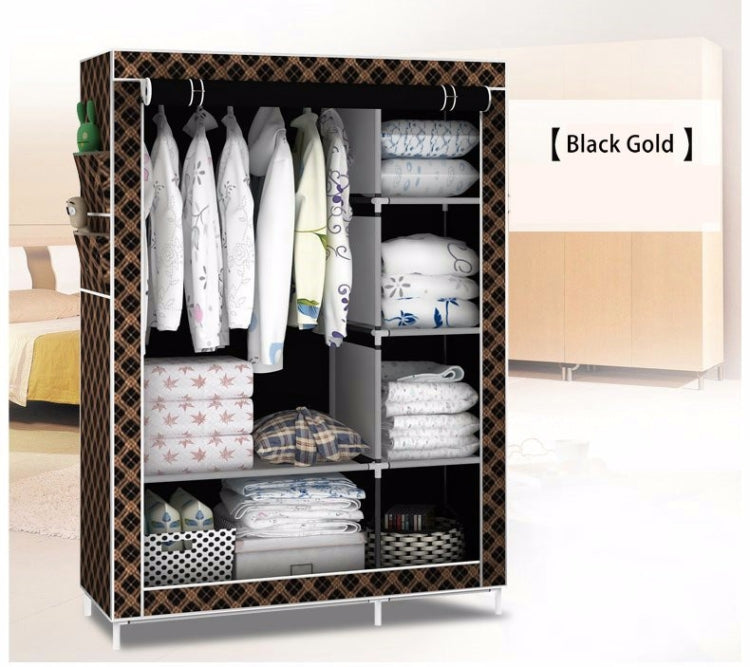 Black and gold patterned fabric wardrobe cabinet with hanging rail and shelves