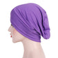 Purple stretch headscarf cap with forehead cross wrap, side view
