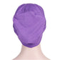 Purple stretch headscarf cap, smooth back view with gathered seams