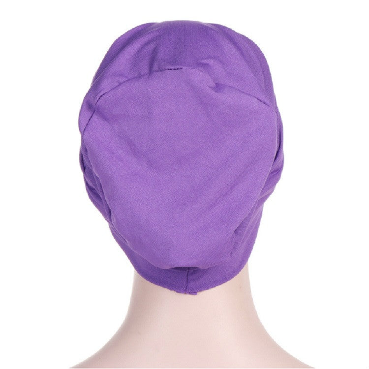 Purple stretch headscarf cap, smooth back view with gathered seams