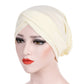 Cream stretch headscarf cap with forehead cross wrap and folded crown