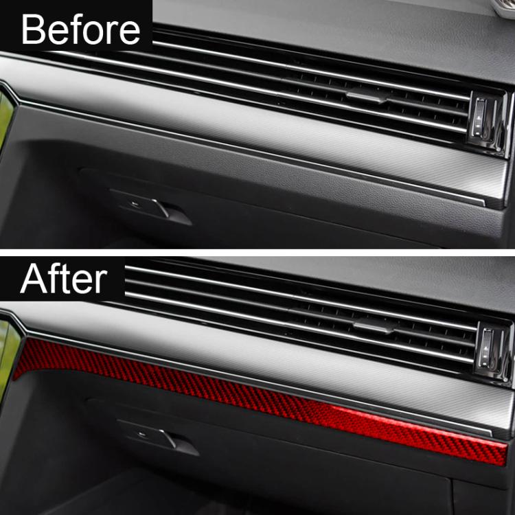 Installed dashboard trim sticker with red carbon-fiber accent strip on vent area