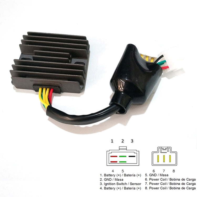 Motorcycle rectifier/regulator with finned heatsink, black wire harness, and connector
