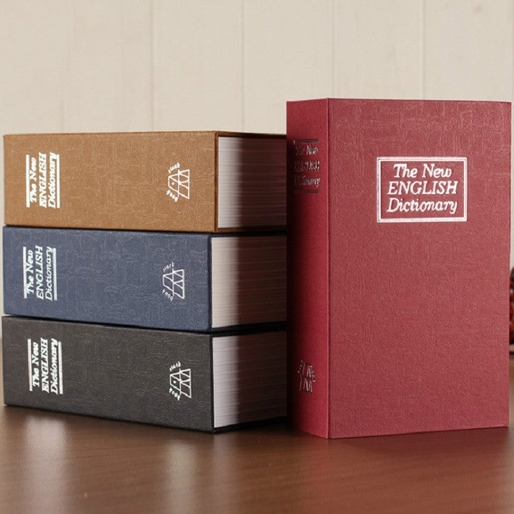 Stacked dictionary book safes in tan, blue, gray, and red with emblems