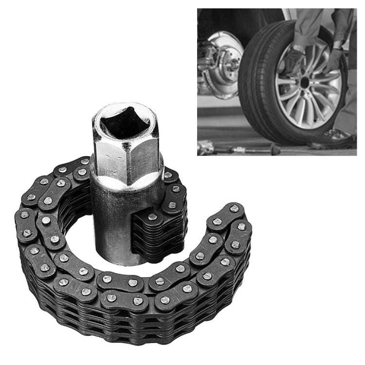 Oil filter chain wrench with large socket drive and adjustable roller chain links