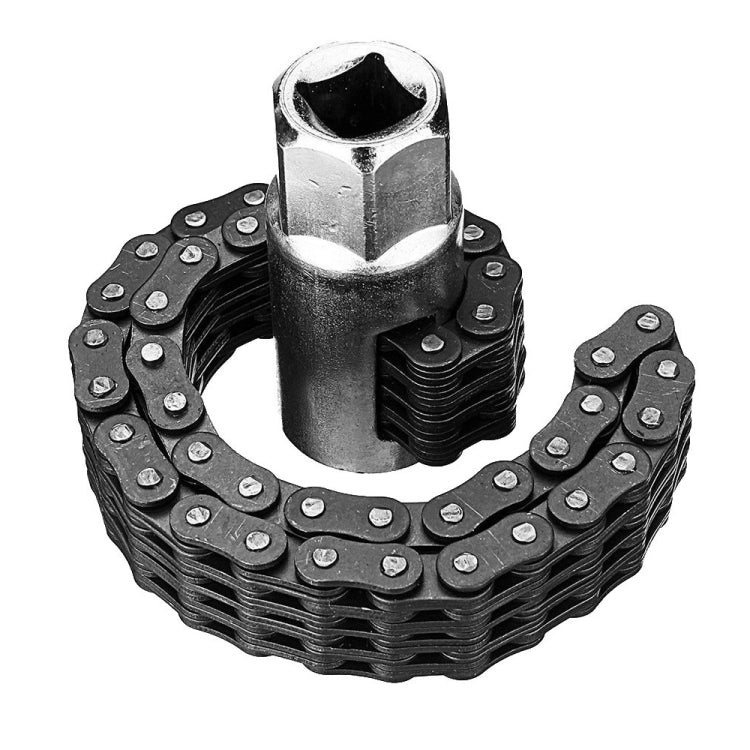 Adjustable oil filter chain wrench with polished socket end and heavy-duty chain