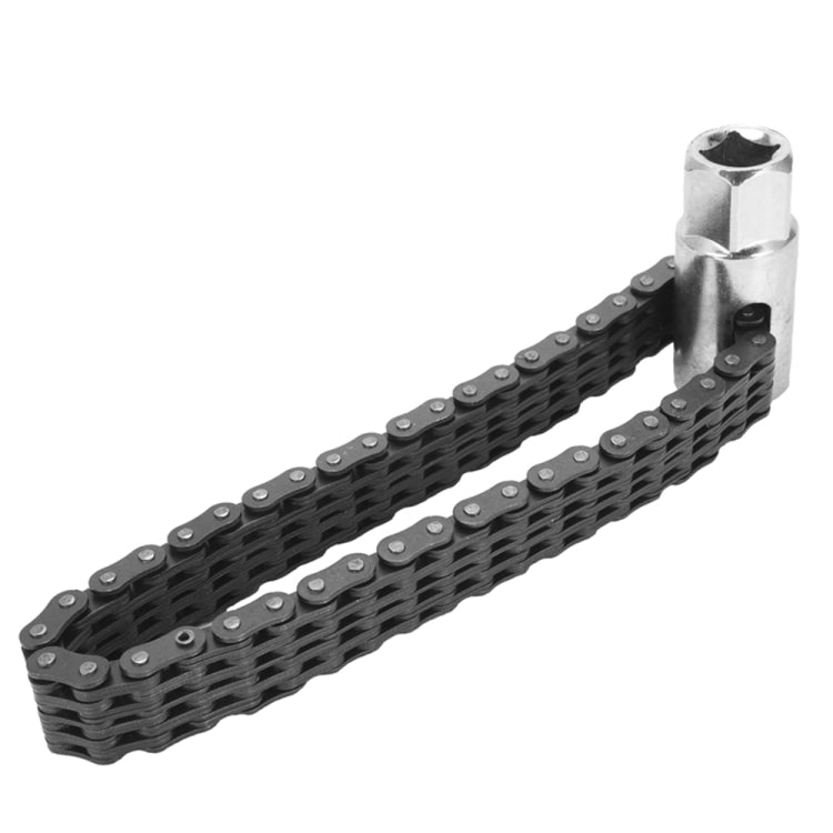 Straight oil filter chain wrench with roller chain and hex socket drive