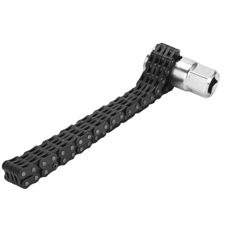 Oil filter chain wrench bar with socket drive head at one end