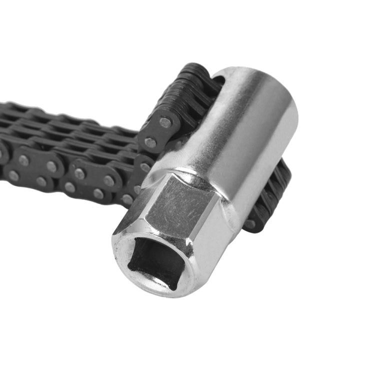 Oil filter chain wrench socket end with ribbed grip ring and chain links
