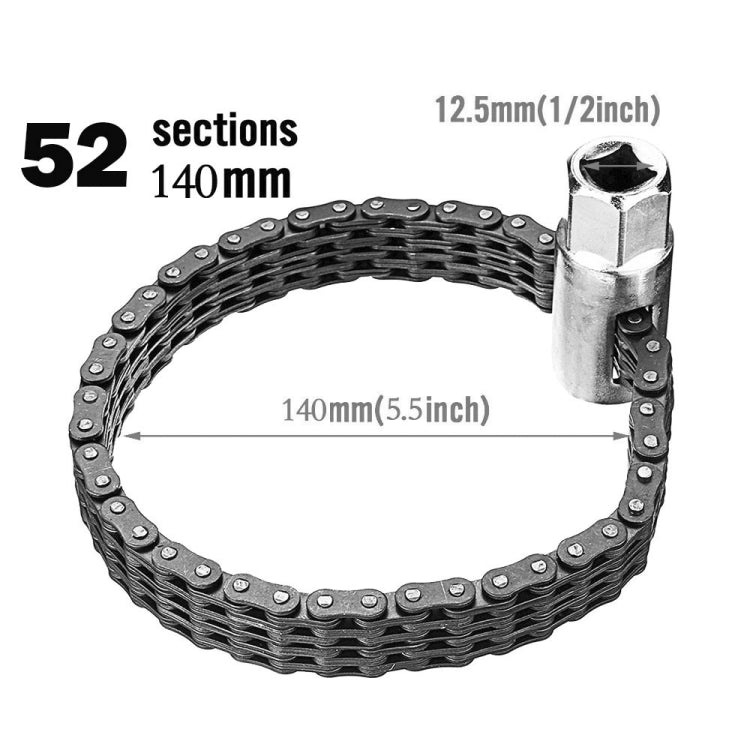 52-section oil filter chain wrench with socket drive and labeled dimensions