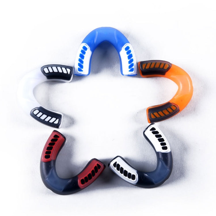 U-shaped mouthguard with blue, orange, black, and white accents on protective frame