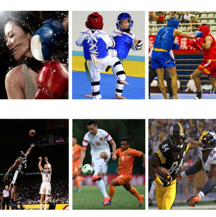 Athletes in taekwondo and boxing action; mouthguard details not clearly visible