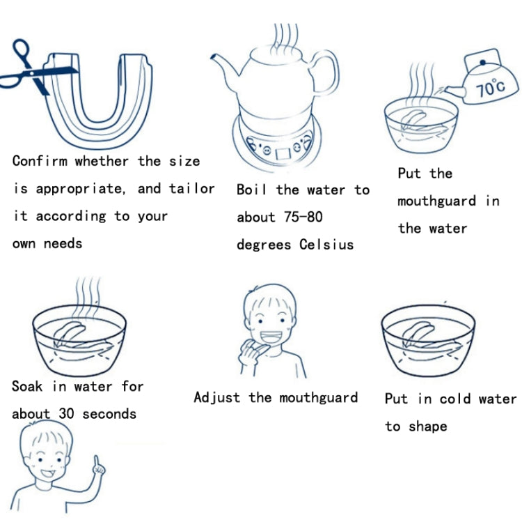 Taekwondo mouthguard fitting instructions, boil and shape diagram illustrations