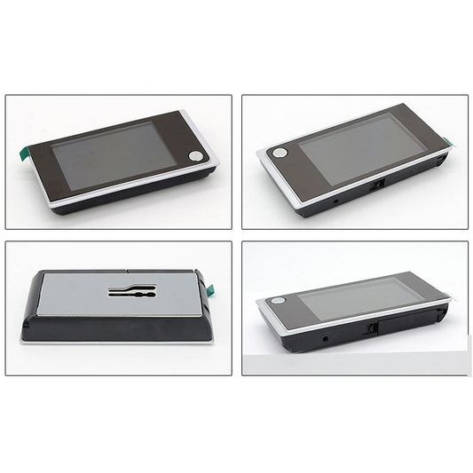 Video door viewer in black and silver, shown from multiple angles with ports